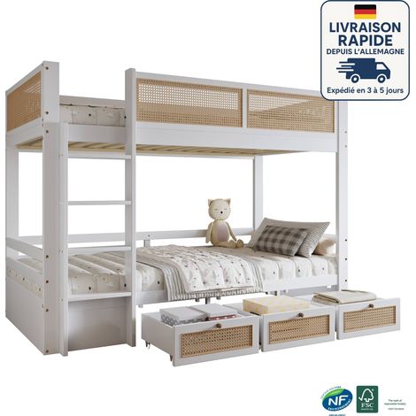 Litera infantil de madera 90X200cm para 2 personas - con 3 cajones - Magnífica valla de ratán tejido - Somier de láminas - Madera certificada PEFC - Color blanco + natural (1/5)