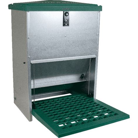 Mangeoire anti-nuisibles pour poules 12 kg – Tôle galvanisée résistante aux intempéries – Système anti-pluie – Ouverture par pédale – Olba