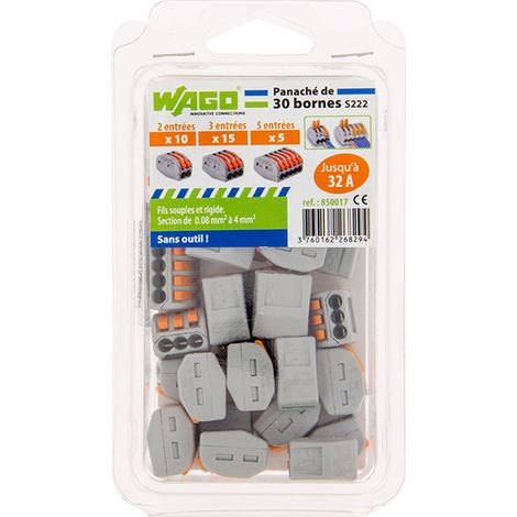 Wago – Borne de connexion rapide 2, 3 et 5 entrées pour fils souples et rigides – 10 bornes 2 entrées, 15 bornes 3 entrées, 5 bornes 5 entrées – 268294