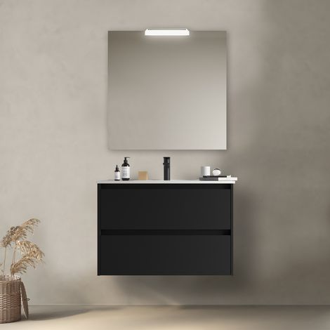 Mobile bagno sospeso 80 cm 2 cassetti in legno nero opaco con lavabo ad incasso - Olympus - 80 cm Con Doppia colonna Specchio e Lampada Led - Misura: 80 cm - Accessorio: Con specchio e lampada LED