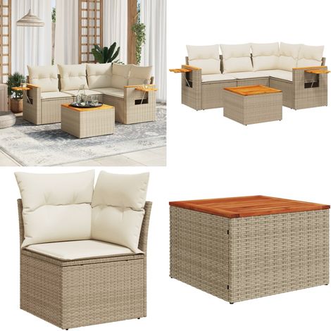 5-tlg. Garten-Sofagarnitur mit Kissen Beige Poly Rattan - Gartenmöbel - Esszimmergarnituren - Outdoor Möbel - Lounge Set - Rattan Gartenmöbel - Home & Living (1/5)