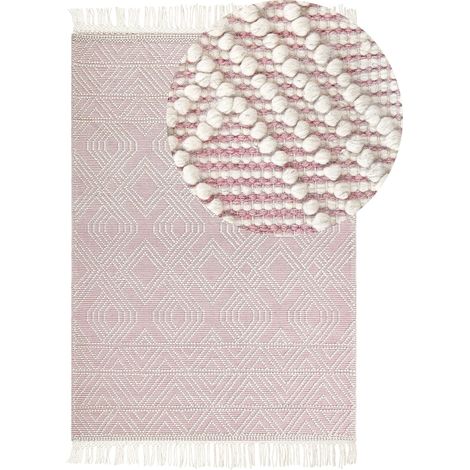 Beliani Rug Pastel Pink Wool 160 x 230 cm Boho Area Geometric Pattern Fabric, Handwoven, Pile Height 1 cm, Rectangular, 55% Wool 35% Polyester 10% Cotton ADANA (1/5)