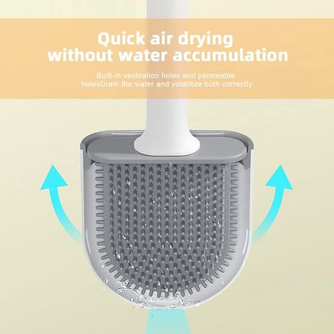 Brosse WC Silicone Plate- Brosse Toilette et Supports, Anti-goutte, Antibactérienne, Balayette WC Ventilée, Séchage Rapide sans Odeur, Balai WC Montage Mural/au Sol, Salle de Bain et WC Blanc (1/4)