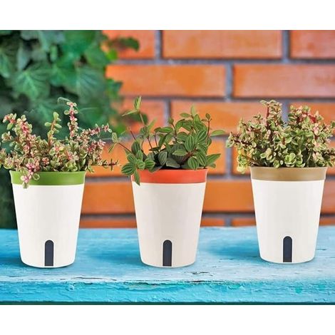 3-Piece Self-Watering Flower Pot, 16.5 cm Round Plastic Flower Pot Bonsai Garden Flower Pots – with Water Level Window and Hidden Drainage Hole Tray (1/5)