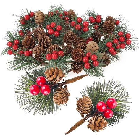 Branches de Sapin Artificielles avec Baies et Pommes de Pin, 20 pièces Branches de Pin Artificielles de Noël, Noël Branches de Baies de Pin pour Guirlande de Noël, Fête, Cadeau, Nœuds (1/5)