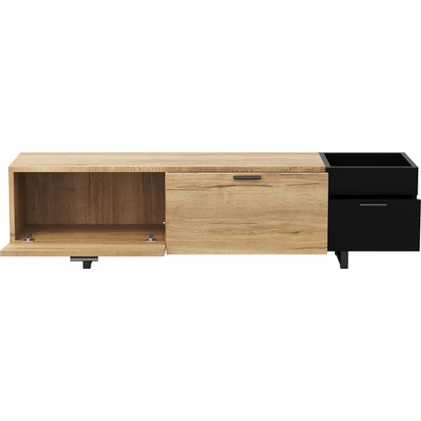 Modernes TV-Möbel in Naturholz-Optik und Schwarz 180 x 38 x 49 cm mit offenen Fächern (1/5)