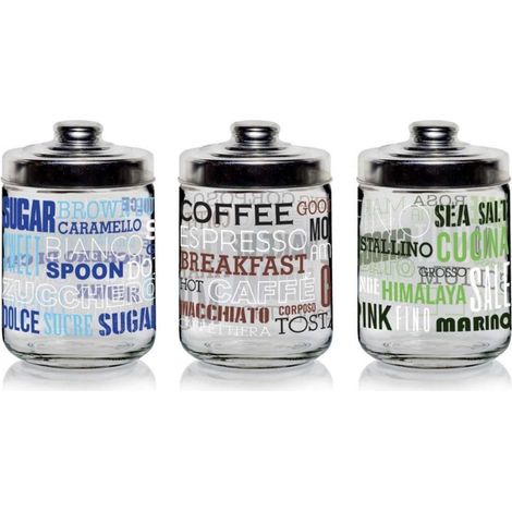 Set 3 Barattoli da Cucina in Vetro Writings Sale Zucchero Caffè