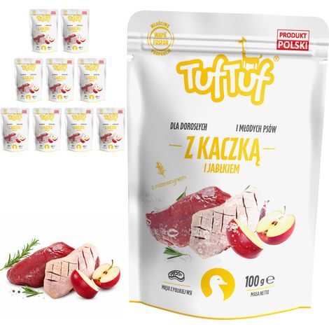 Cibo umido per cani TufTuf Anatra con Mela, bustina da 10x100g, carne in scatola. (1/3)