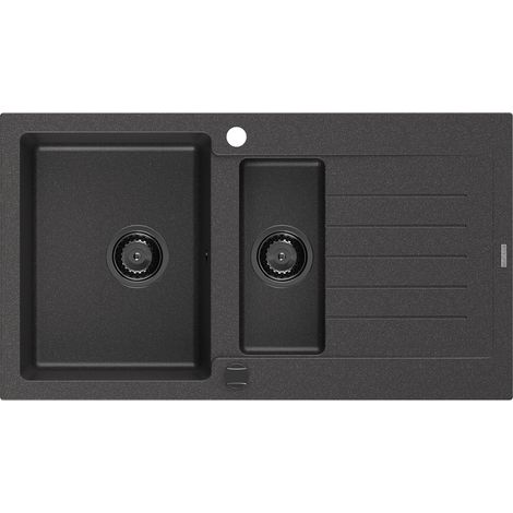 Mexen Matias évier en granit à 1,5 cuvette avec égouttoir 900 x 505 mm, Noir moucheté, siphon Noir - 6502901505-76-B (1/5)