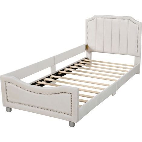 CAIziCanapé-lit enfant rembourré 90x200 cm flanelle beige dossier accoudoirs (1/5)