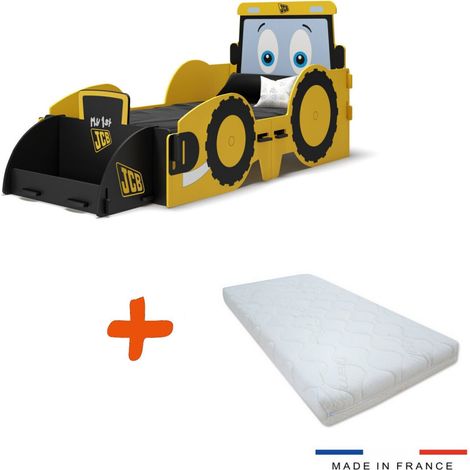 Lit enfant tracteur JCB à clipser 140x70 cm – Matelas haute qualité anti-acariens – Assemblage facile sans outils – Design ludique – Bebegavroche