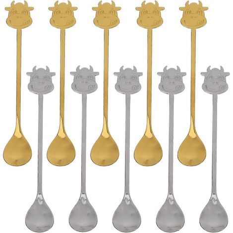 Lot de 10 cuillères à café en acier inoxydable à motifs de dessins animés (dorées, argentées) (1/3)