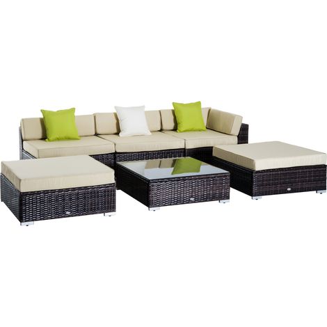 6 Pieces Rattan Garden Furniture Set, 5 Seater Garden Sofa Set with Thickened Cushions, Glass Top Coffee Table Ottomans, Outdoor Sectional Conservatory Furniture with Pillows, Brown (1/5)