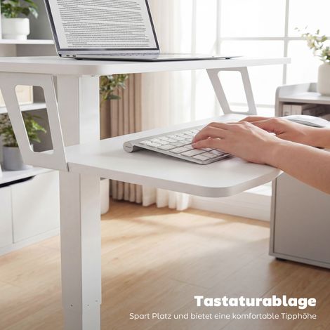 Bureau debout réglable en hauteur, bureau assis-debout mobile avec plateau clavier, roulettes et cadre en acier, blanc (1/5)