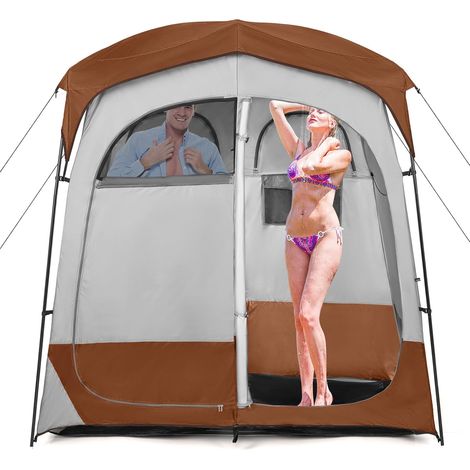 GOPLUS Tente de Douche 2 Personnes, Tente Cabine d'Essayage Portable avec Portes Zippées et 4 Fenêtres, Tente de Vestiaire avec Sac de Transport, pour Camping, Toilettes et Douche (1/5)