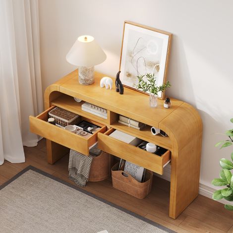 Table console 120 x 35,5 x 76,5 cm avec 2 tiroirs et étagères ouvertes, pieds réglables, MDF naturel