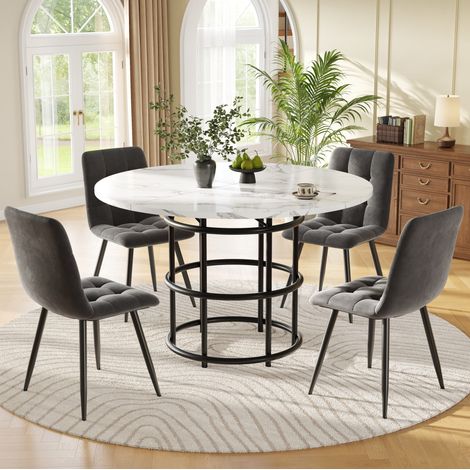 Mesa comedor redonda con 4 sillas de terciopelo negro OKMYHOME (1/5)
