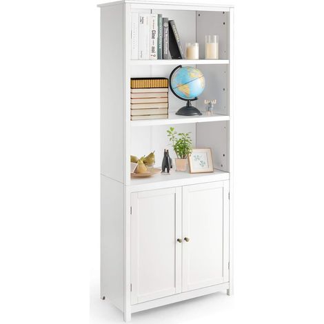 COSTWAY Bibliothèque avec Étagères Réglables de Rangement et Placard 2 Portes à 2 Niveaux, pour Salon/Bureau, 74,5 x 35,5 x 181,5 cm (1/5)