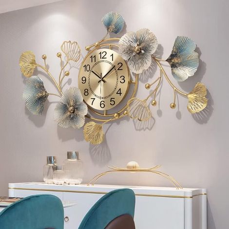 Horloge murale en métal de 94 cm (37 pouces) avec motif feuille de ginkgo - Mouvement à quartz silencieux - Grande horloge décorative pour salon, chambre et décoration intérieure (1/5)