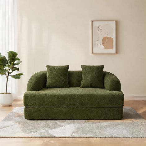 Canapé convertible 2 places vert chenille avec coussins (1/5)