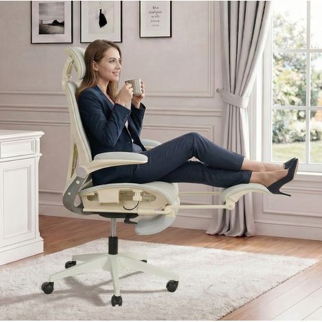 MEUBLIV Sedia da ufficio ergonomica pieghevole grigia – schienale reclinabile, poggiapiedi (1/5)