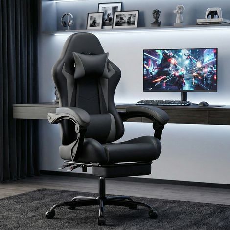 Gaming-Stuhl 90x66x127-137 cm Schwarz-Grau aus PVC mit Fußstütze und verstellbarer Rückenlehne (1/4)