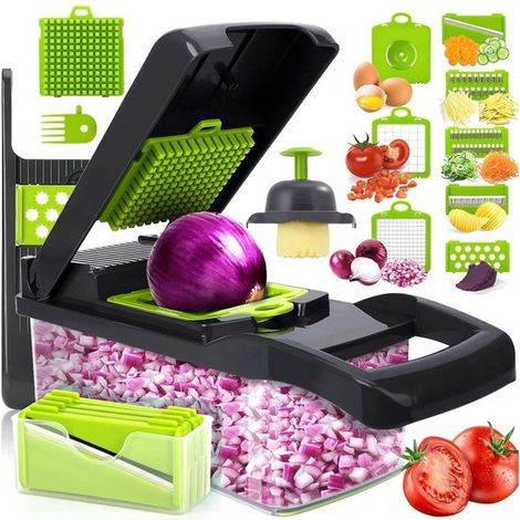 Affettatrice per verdure, affettatrice multifunzione per verdure, set da 14 pezzi: affetta cipolle, grattugia, 7 lame, separatore di tuorli d'uovo con scatola per riporre gli ingredienti tagliati (1/5)