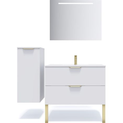 Meuble de salle de bain suspendu vasque intégrée 90cm 2 tiroirs Blanc + miroir + colonne ouverture gauche - Venice (1/5)