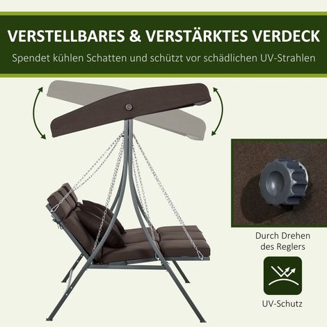 Balançoire de jardin Hollywood 3 places, toile pare-soleil ajustable, capacité 270 kg, couleur marron, dimensions 198x118x168 cm (1/4)