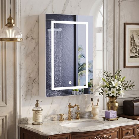 JOOKGBD-Armadio da Toilette con Specchio LED Antiappannamento,anta singola,ripiano regolabile,controllo tattile,luminosità regolabile,colore regolabile,bianco,50x15x70cm (1/5)
