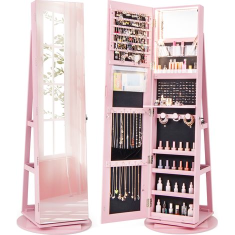 Armoire à bijoux rose pivotante à 360 en MDF avec miroir, éclairage LED 3 couleurs et porte verrouillable pour chambre et dressing (1/5)