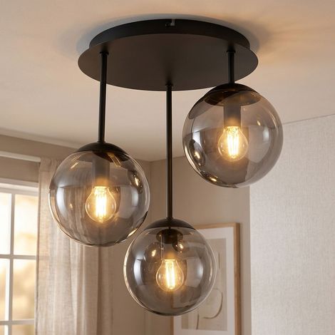 LED Deckenleuchte Wohnzimmerlampe 3-flammig schwarz Glas rauchfarben H 40 cm (1/5)