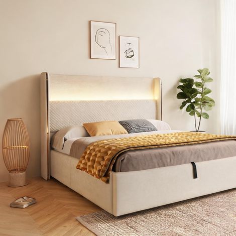 Cadre de lit beige en lin 221 x 153 x 121 cm (1/5)