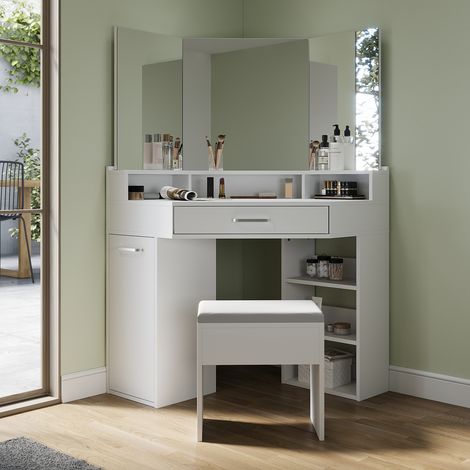 ELEGANT Corner Dressing Table with 3 Large Movable Triple Mirror, 3 Open Compartments and 2 Drawers, White Design Dresser Set with Stool