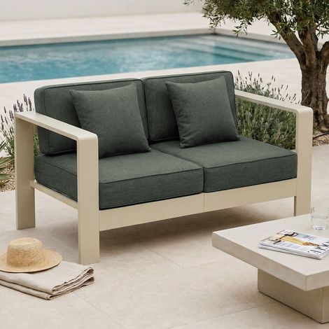 Canapé de jardin 2 places en alu crème et housse verte