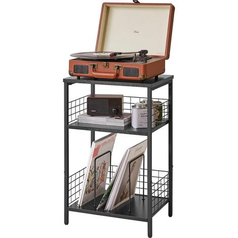 Table de Chevet, Bout de canapé, Meuble Tourne Disque Vinyle, Table d’Appoint 3 Niveaux Rangement, Support de platine, pour Salon, Chambre, Bureau, 40×29×62.5CM Noir (1/5)