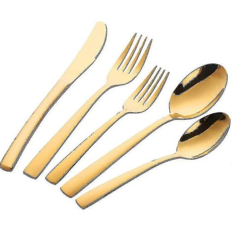 Ensemble de couverts 5 pièces dorés en métal et acier inoxydable, comprenant un couteau, une fourchette et une cuillère réutilisables. (1/3)