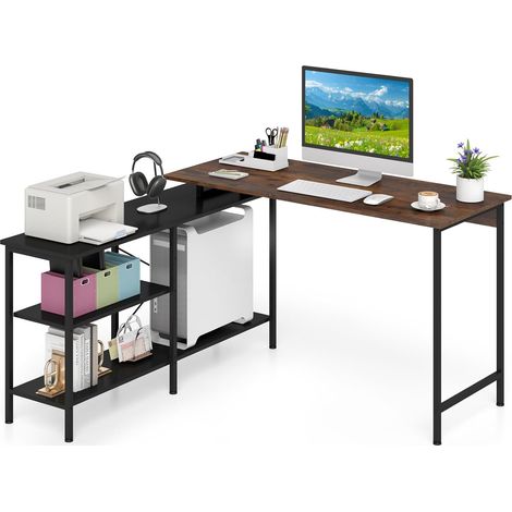 COSTWAY Scrivania Gaming Forma di L con Piano Regolabile in Lunghezza e 2 Ripiani Portaoggetti, Scrivania Angolare Reversibile in Legno, Scrittoio per Computer Salvaspazio per Studio e Ufficio (1/5)