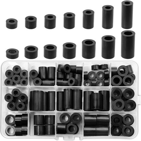 Lot de 90 entretoises rondes en plastique ABS noir M6 M8 - Entretoises murales et vis en nylon - Rondelles d'écartement non filetées - Avec boîte de rangement (1/5)