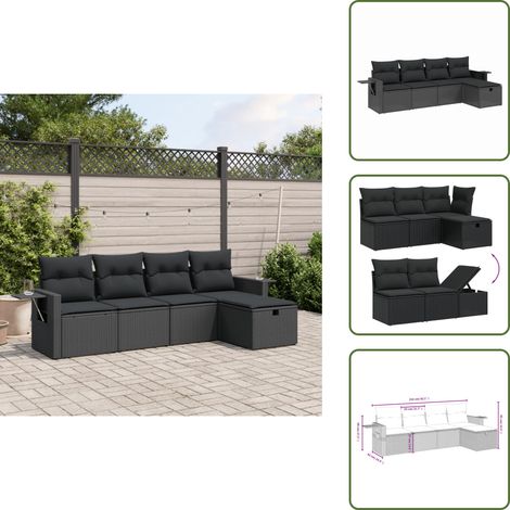 5-tlg. Garten-Sofagarnitur mit Kissen Schwarz Poly Rattan - Gartengestell - Gartenmöbelset - Outdoor-Lounge - Lounge Set - Rattan Sessel (1/5)