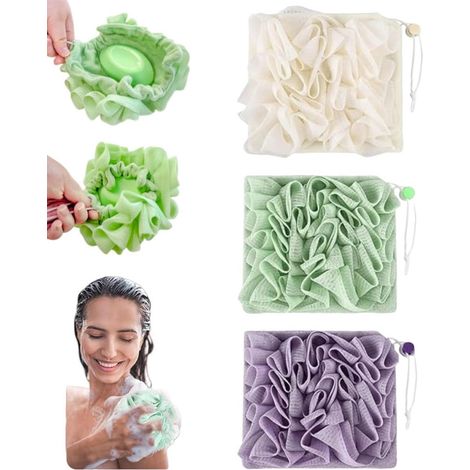boule de bain 2 en 1 en luffa boule de bain en filet pour envelopper le savon et exfolier la peau boule de bain serviette de bain convient pour le bain et adoucit la peau blanc vert et violet lot de 3 (1/5)