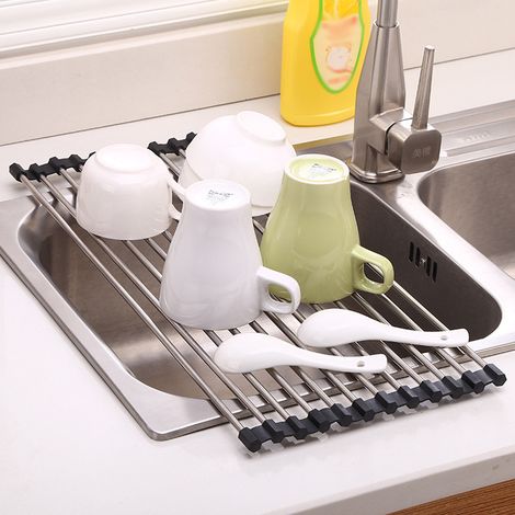Égouttoir en acier inoxydable roulant, support de drainage polyvalent anti-dérapant pour évier (1/5)