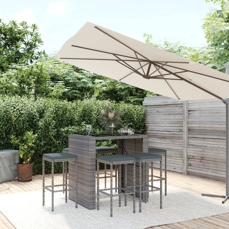 Ensemble Table de bar + 6 Chaises de bar de jardin - Table Haute avec 6 Tabourets avec coussins gris poly rotin BV983906 - BonneVie (1/5)