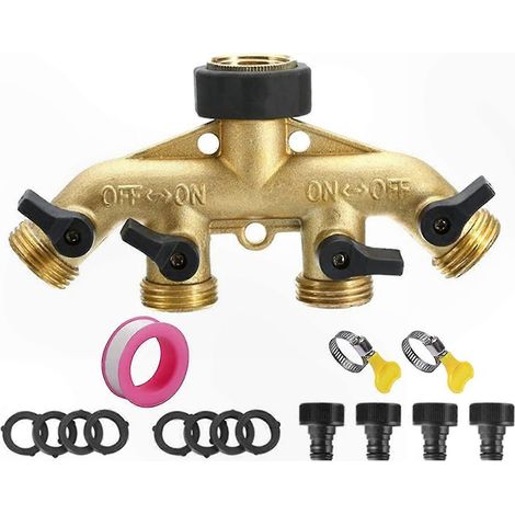 Distributeur d'eau extérieur en laiton robuste, raccord adaptateur 4 voies pour tuyau de jardin, connecteur fiable pour arrosage et irrigation. (1/5)