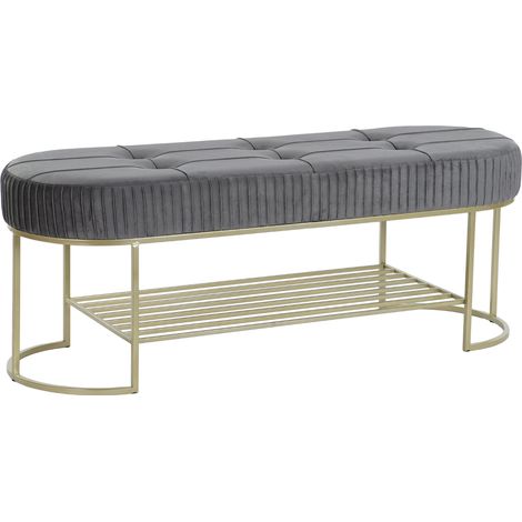 Banquette rectangulaire en polyester gris et métal doré - longueur 120 x Profondeur 40 x hauteur 45 cm -PEGANE- (1/5)