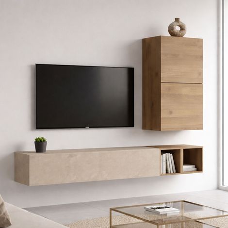 Dmora - Parete attrezzata Humberto, Composizione soggiorno, Mobile salotto multiuso, Armadio porta TV, Made in Italy, 194x30 h160 cm, Noce e Grigio (1/4)