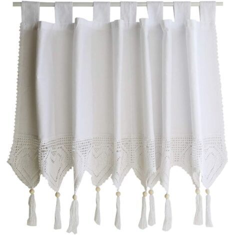 Sollbry Rideau de cantonnière de fenêtre en crochet élégant en coton avec pompon filtrant la lumière, languette supérieure décorative pour salon, salle à manger, café, 1 panneau (blanc, 150 x 45 cm) (1/5)