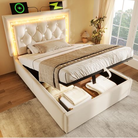 Bett 90x200 cm modern gepolstert in Beige aus Samt mit LED-Kopfteil, USB & Type-C, hydraulischem Bettkasten und Matratze (1/5)