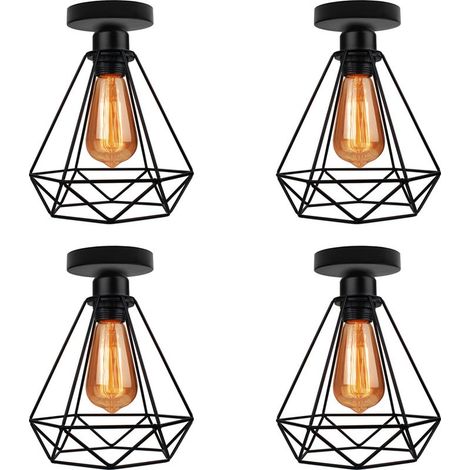 Plafonnier Diamant Industriel E27 20,5cm Lustre Suspension Luminaire pour Salon Escalier Couloir Noir 4PCS (1/5)