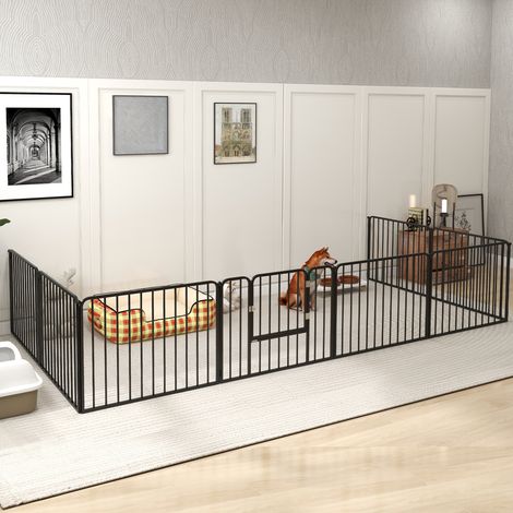 Noire - Cage chien 8 panneaux acier, 9 chevilles, intérieur extérieur, barrière sécurité, animaux petits/moyens, 164x164x60 cm (1/4)